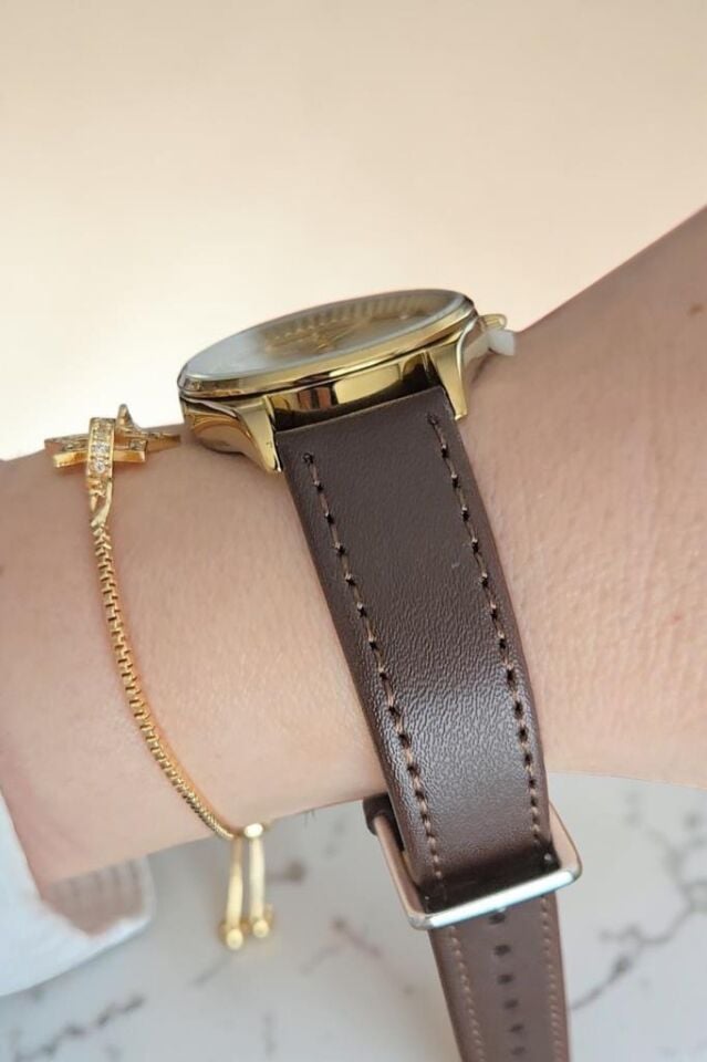 Bileklik Hediyeli Kahverengi Deri Kayışlı Kadın Kol Saati 30 mm 3 ATM Su Geçirmez 2 Yıl Garantili