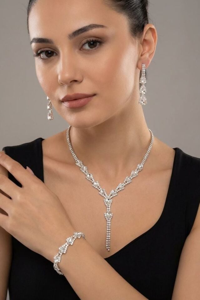 Beyaz Damla Taşlı 3’lü Kolye, Küpe ve Bileklik Seti - Düğün, Kına, Nişan Gelin Takı Seti