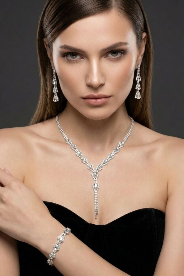 Beyaz Damla Taşlı 3’lü Kolye, Küpe ve Bileklik Seti - Düğün, Kına, Nişan Gelin Takı Seti