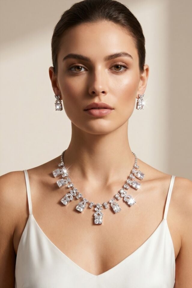 Valmont Accessories Zirkon Taşlı 2’li Kolye ve Küpe Seti - Şık, Gece Davetleri, Özel Günler İçin