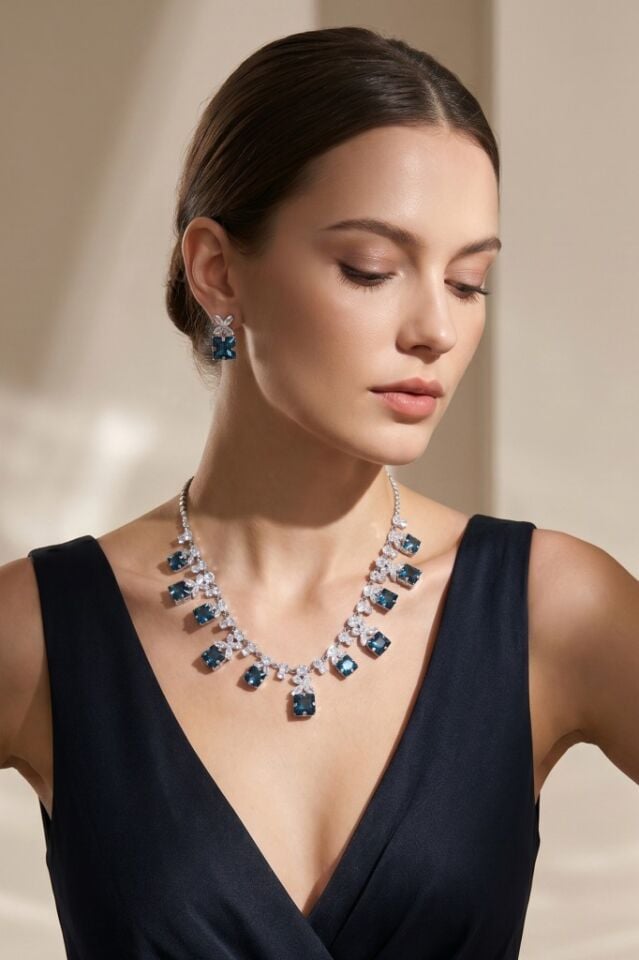 Valmont Accessories Lacivert Zirkon Taşlı 2’li Kolye ve Küpe Seti - Şık, Gece Davetleri, Özel Günler İçin