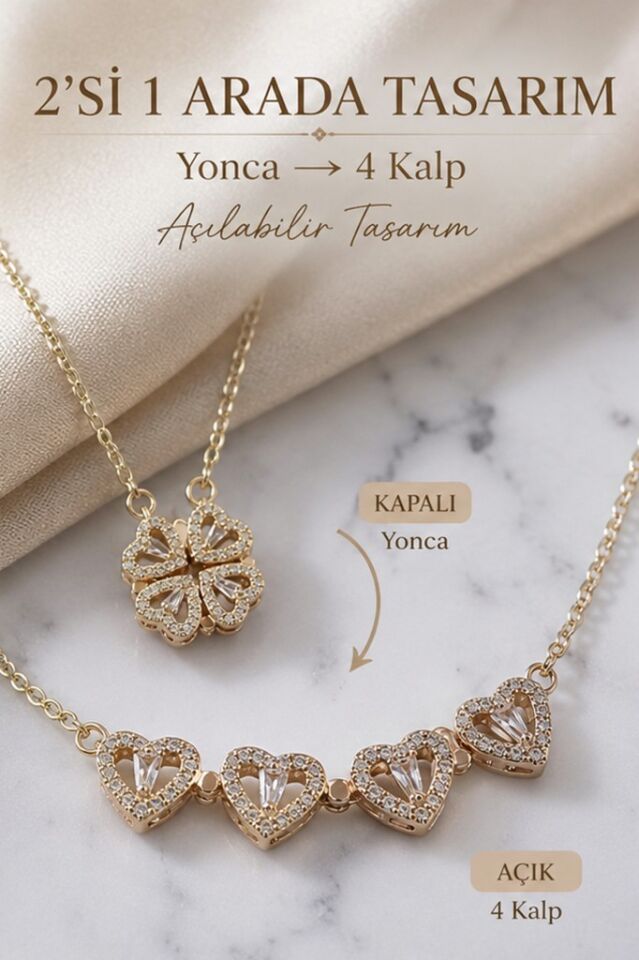 Valmont Accessories Açılabilir Yonca + Kalp Model Zirkon Taşlı Kadın Kolye 2'si 1 Arada Tasarım Altın Sarısı 45+5 cm