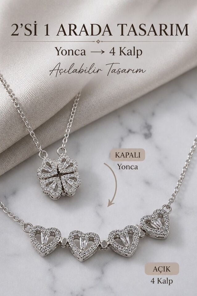Valmont Accessories Açılabilir Yonca+Kalp Model Zirkon Taşlı Kadın Kolye 2'si 1 Arada Tasarım Metalik 45+5 cm