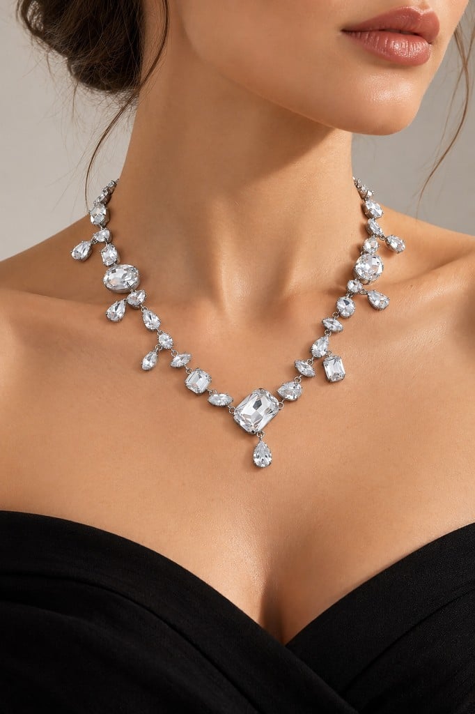 Valmont Accessories Gümüş Renk Büyük Taşlı Sallantılı Kolye - Gösterişli Abiye ve Özel Gün Kolyesi