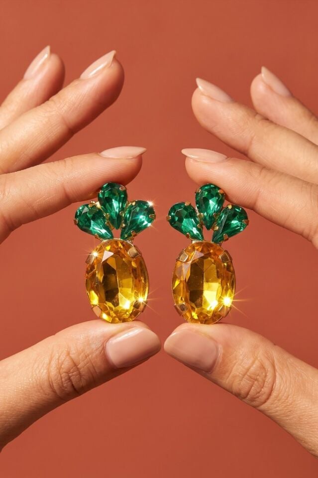 Valmont Accessories Ananas Figürlü Kadın Küpe Kristal Taşlı Tropikal Meyve Model Şık Küpe