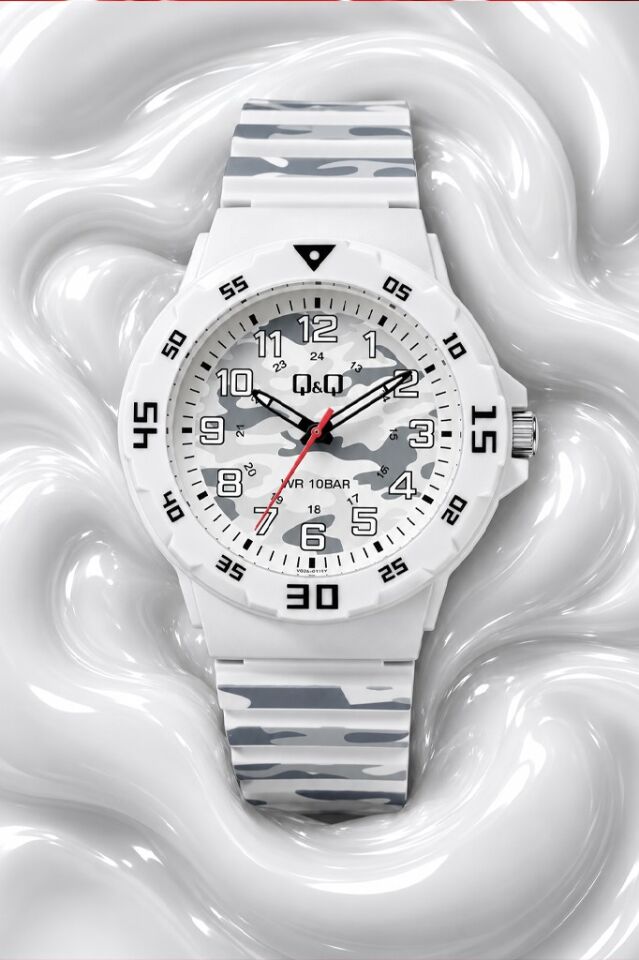Q&Q 10 ATM Su Geçirmez - 43 mm - Beyaz Gri Kamuflaj Desenli Analog Yetişkin Çocuk Kol Saati