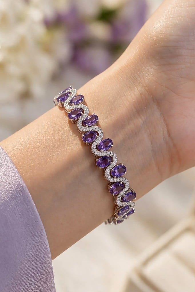 Valmont Accessories Mor Kristal Taşlı Dalga Desenli Gümüş Renk 16,5+1,5 cm Ayarlanabilir Kadın Bileklik