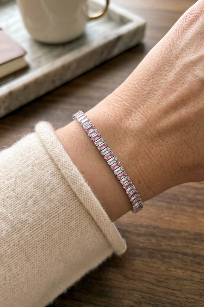 Valmont Accessories Pembe Beyaz Baget Kristal Taşlı 16,5+2,5 cm Ayarlanabilir Kadın Su Yolu Bileklik