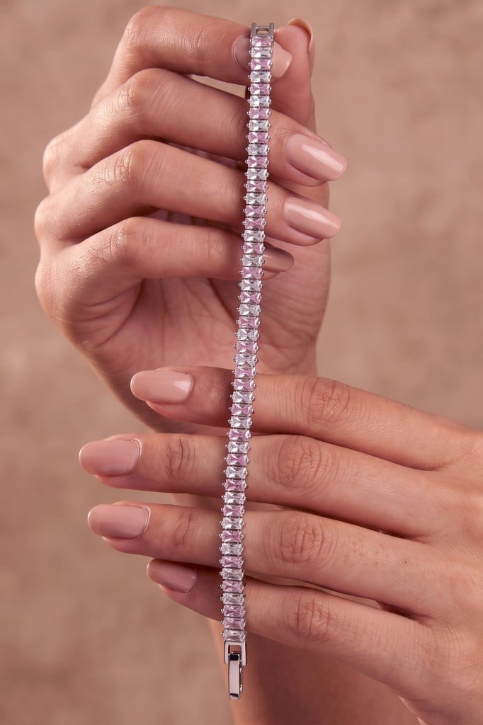 Valmont Accessories Pembe Beyaz Baget Kristal Taşlı 16,5+2,5 cm Ayarlanabilir Kadın Su Yolu Bileklik