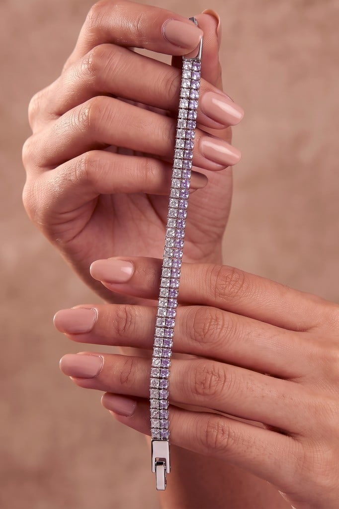 Valmont Accessories Mor Beyaz Kristal Taşlı 17+3 cm Ayarlanabilir Çift Sıra Su Yolu Kadın Bileklik